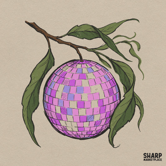 Funky disco ball fruit hanging from a branch in a retro groovy Y2K aesthetic style summer PNG graphic for sublimation
