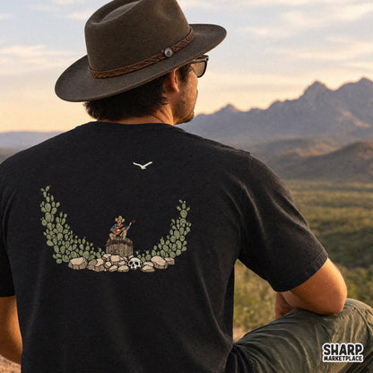 Retro western cowboy playing guitar in the desert with cactus art, ideal for country music graphic tees
