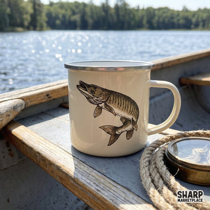 Rustic muskellunge fish illustration with detailed striped patterns, ideal for sublimation tumblers, fishing-themed stickers, or cabin camp wall art.