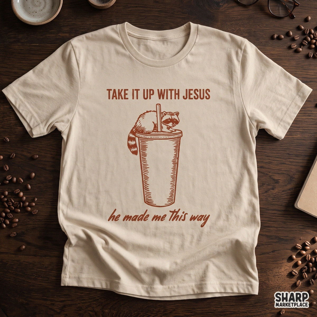 Funny sarcastic raccoon Christian PNG tumbler design with Take It Up With Jesus phrase for sublimation