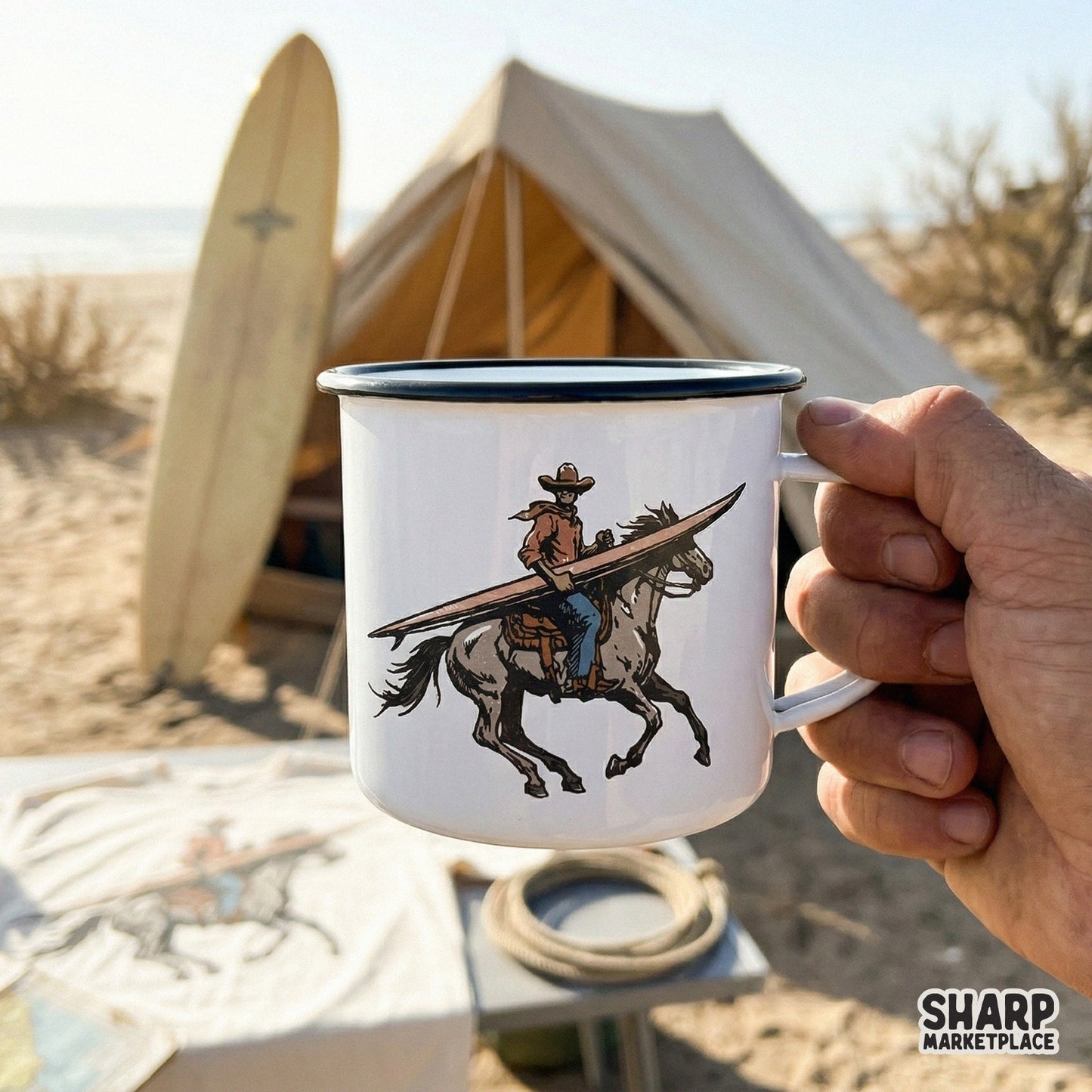 Detailed cowboy surfer digital graphic with a vintage aesthetic, designed for print-on-demand shirts, wall art, and creative summer merchandise.