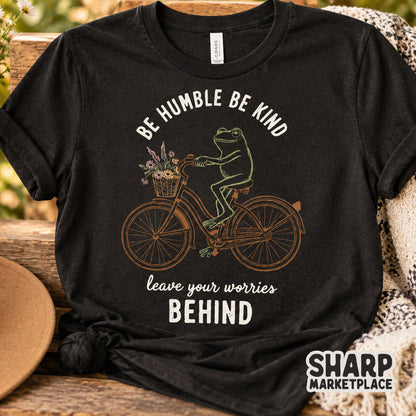 Cute retro cottagecore frog riding a bicycle with inspirational quote Be Humble Be Kind PNG for t-shirt sublimation