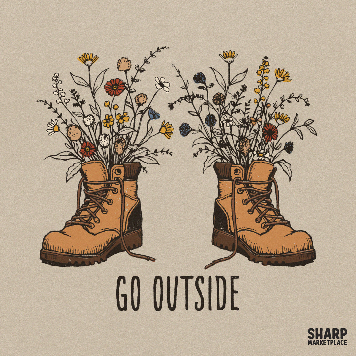 Retro wildflower hiking boots sublimation PNG design for nature lovers and outdoor camping t-shirts