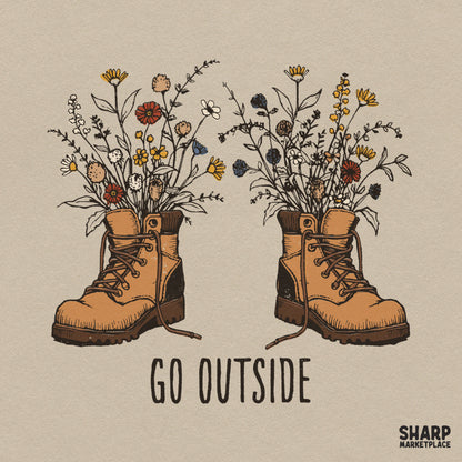 Retro wildflower hiking boots sublimation PNG design for nature lovers and outdoor camping t-shirts