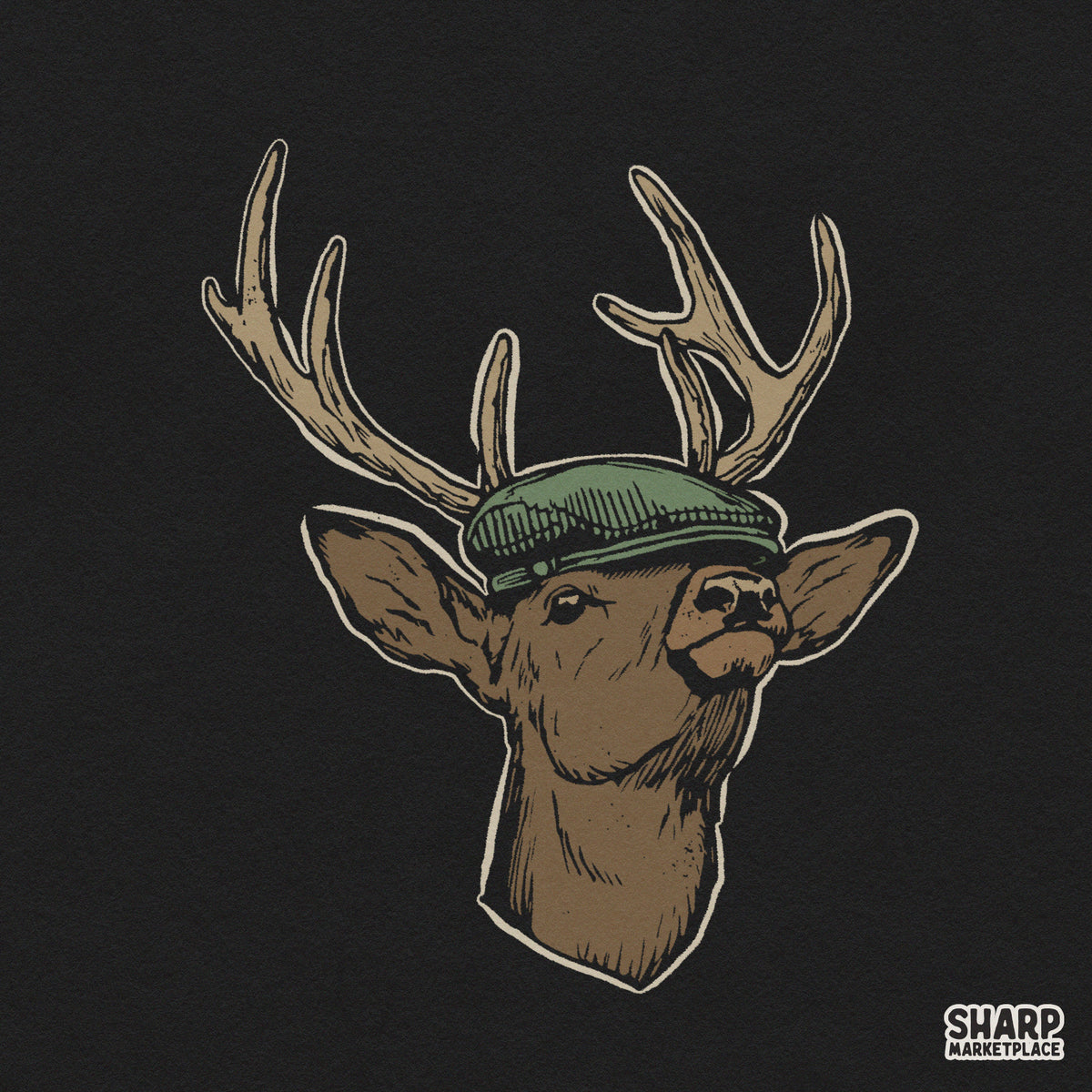 Vintage deer head wearing a green flat cap illustration for funny hunting apparel and retro sublimation designs