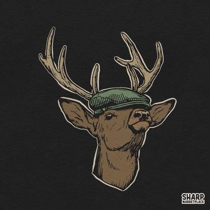 Vintage deer head wearing a green flat cap illustration for funny hunting apparel and retro sublimation designs