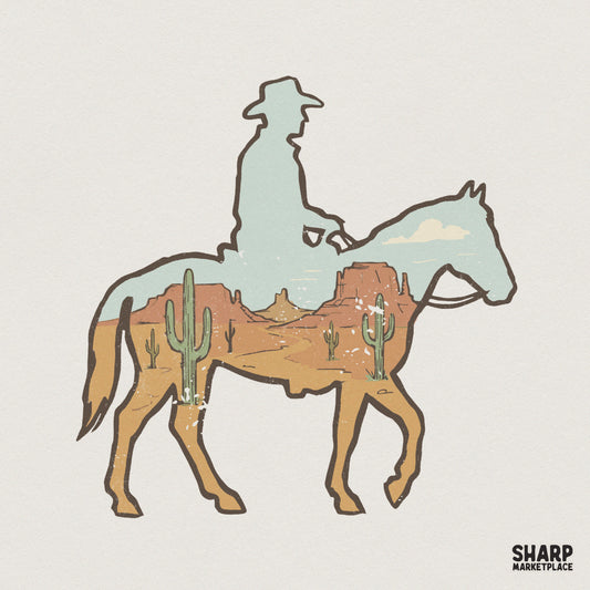 Western Cowboy Horse Desert Art PNG, Vintage Wild West Cactus Scene - 300