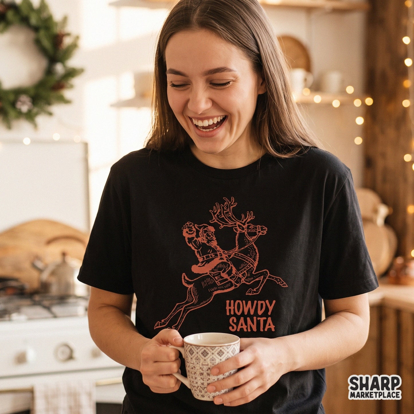 Howdy Santa cowboy graphic with retro reindeer for western Christmas holiday apparel sublimation printing