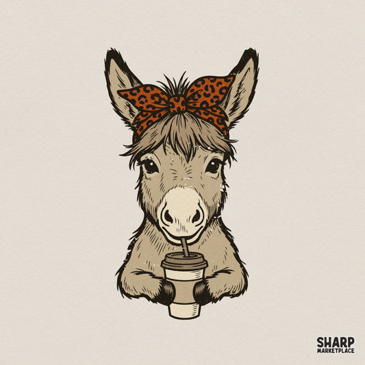 Funny Donkey Coffee PNG, Leopard Bandana Animal Design - 300 DPI Design