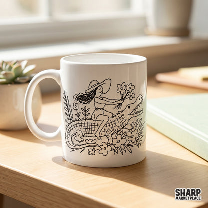 Playful western swamp art featuring a girl riding an alligator with botanical accents, ideal for custom t-shirt sublimation and stickers.