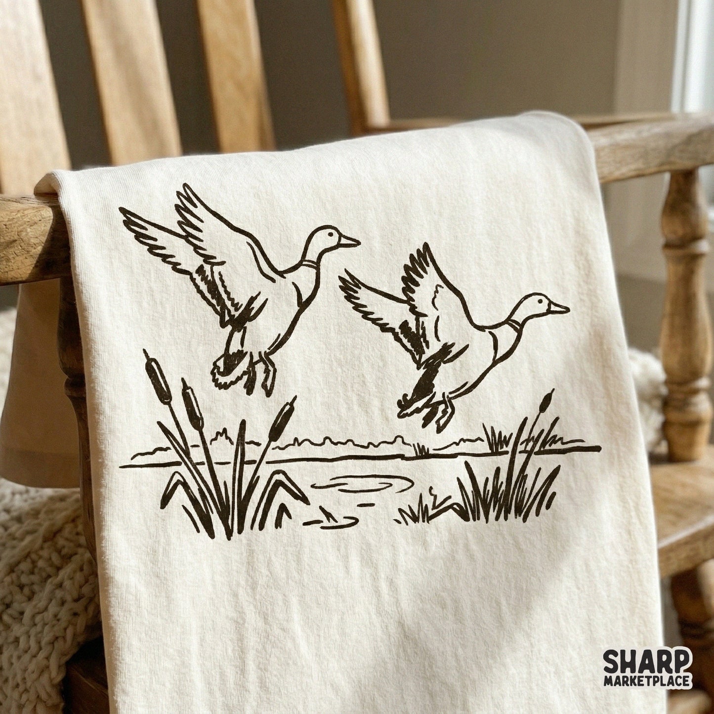 Detailed digital illustration of ducks in mid-flight over wetland vegetation, suitable for printable wall art, stickers, or outdoor-themed crafts.