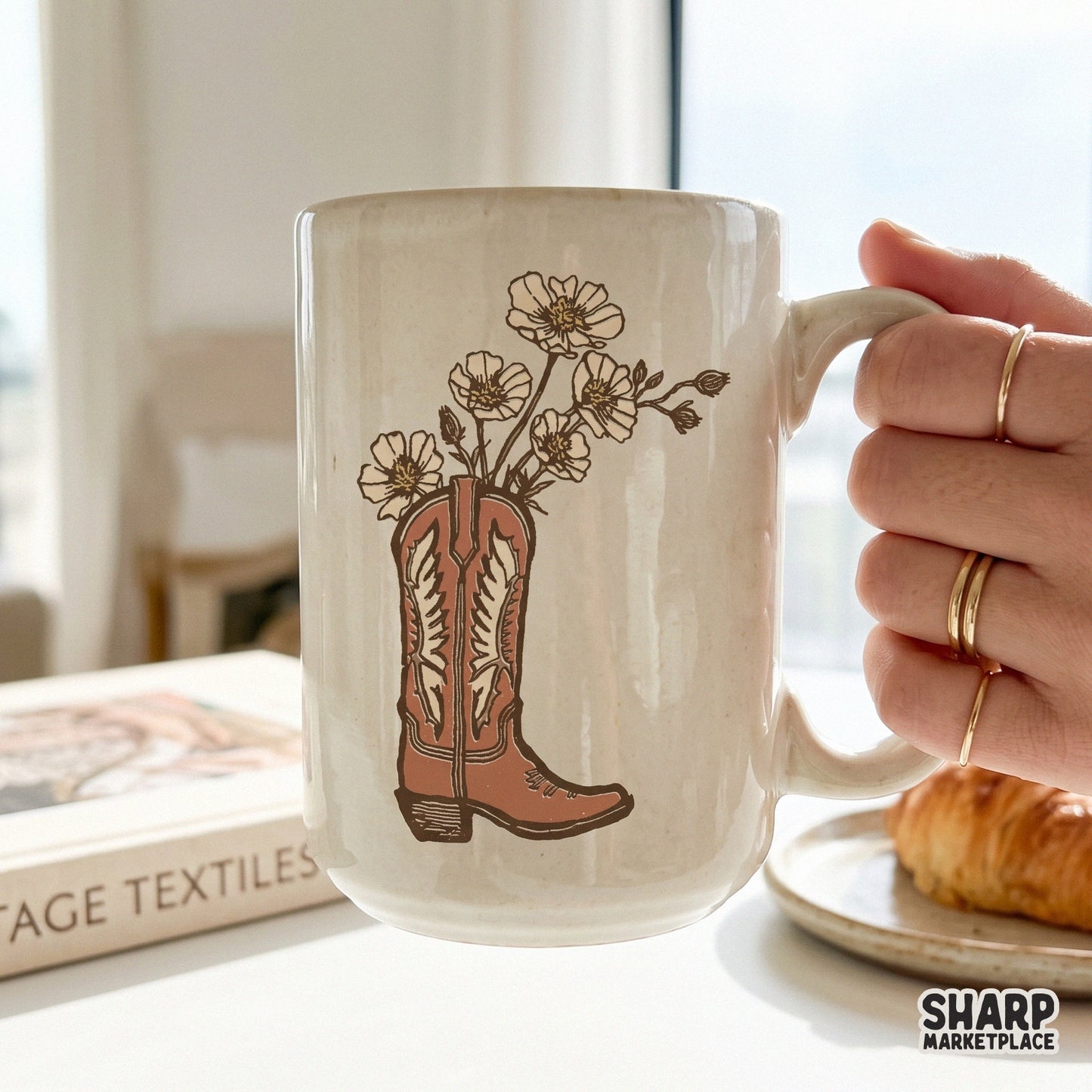Vintage boho floral cowboy boot illustration for western country music sublimation and trendy t-shirt designs