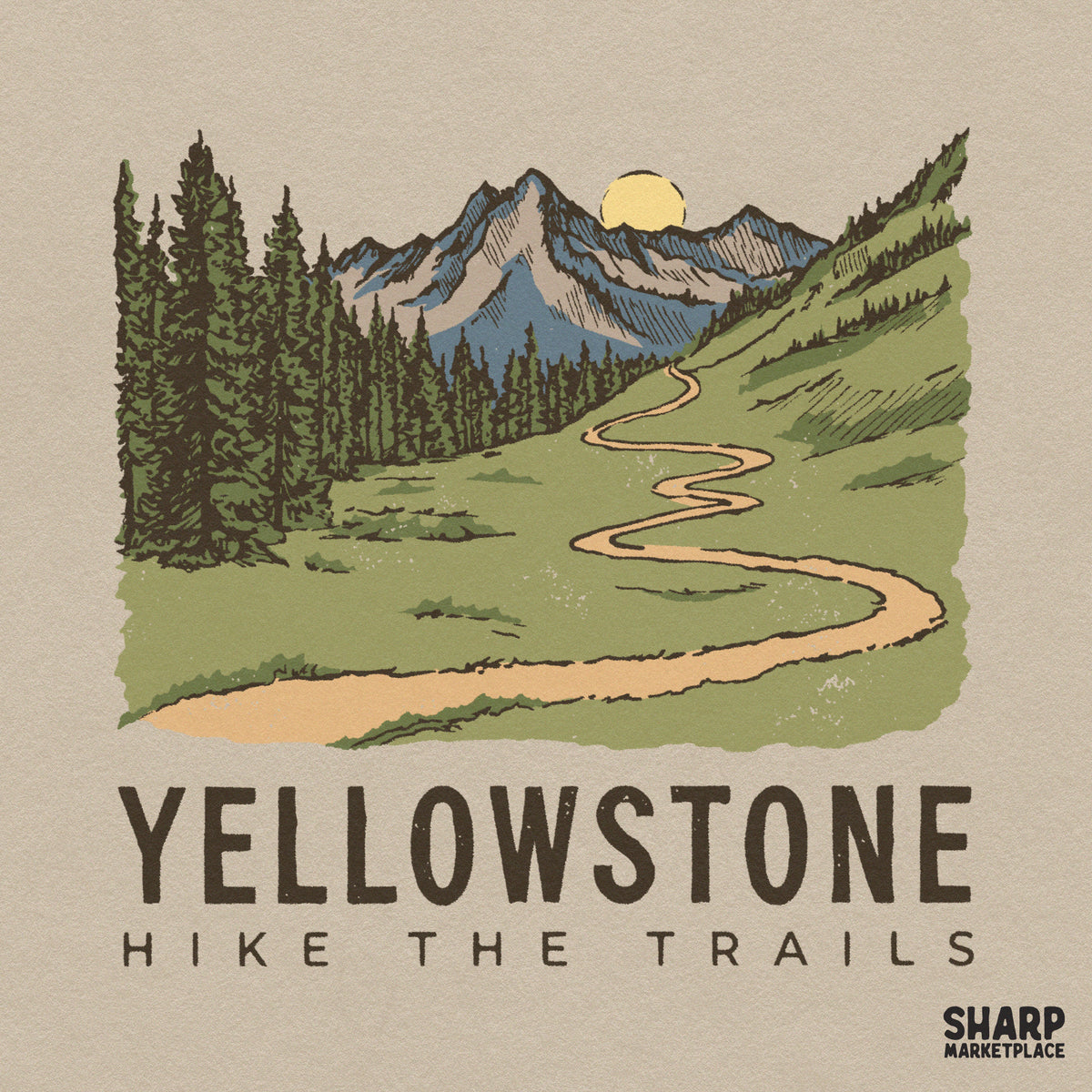 Vintage Yellowstone national park hike the trails artwork, retro mountain camping PNG design for t-shirts