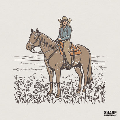 Vintage western illustration of a cowgirl riding a brown horse through a field of wildflowers, rendered in a distressed line art style for apparel.