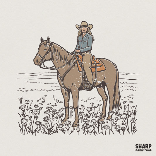 Vintage western illustration of a cowgirl riding a brown horse through a field of wildflowers, rendered in a distressed line art style for apparel.