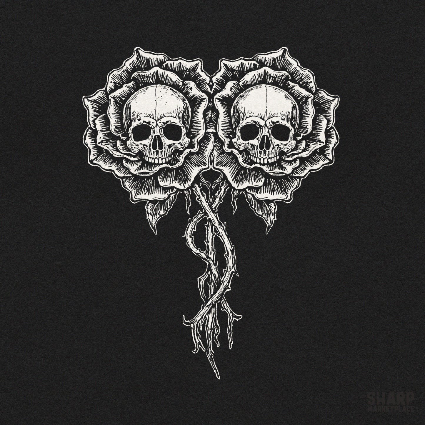 Gothic twin skulls with blooming rose flowers watercolor tattoo art for dtf shirt png digital download