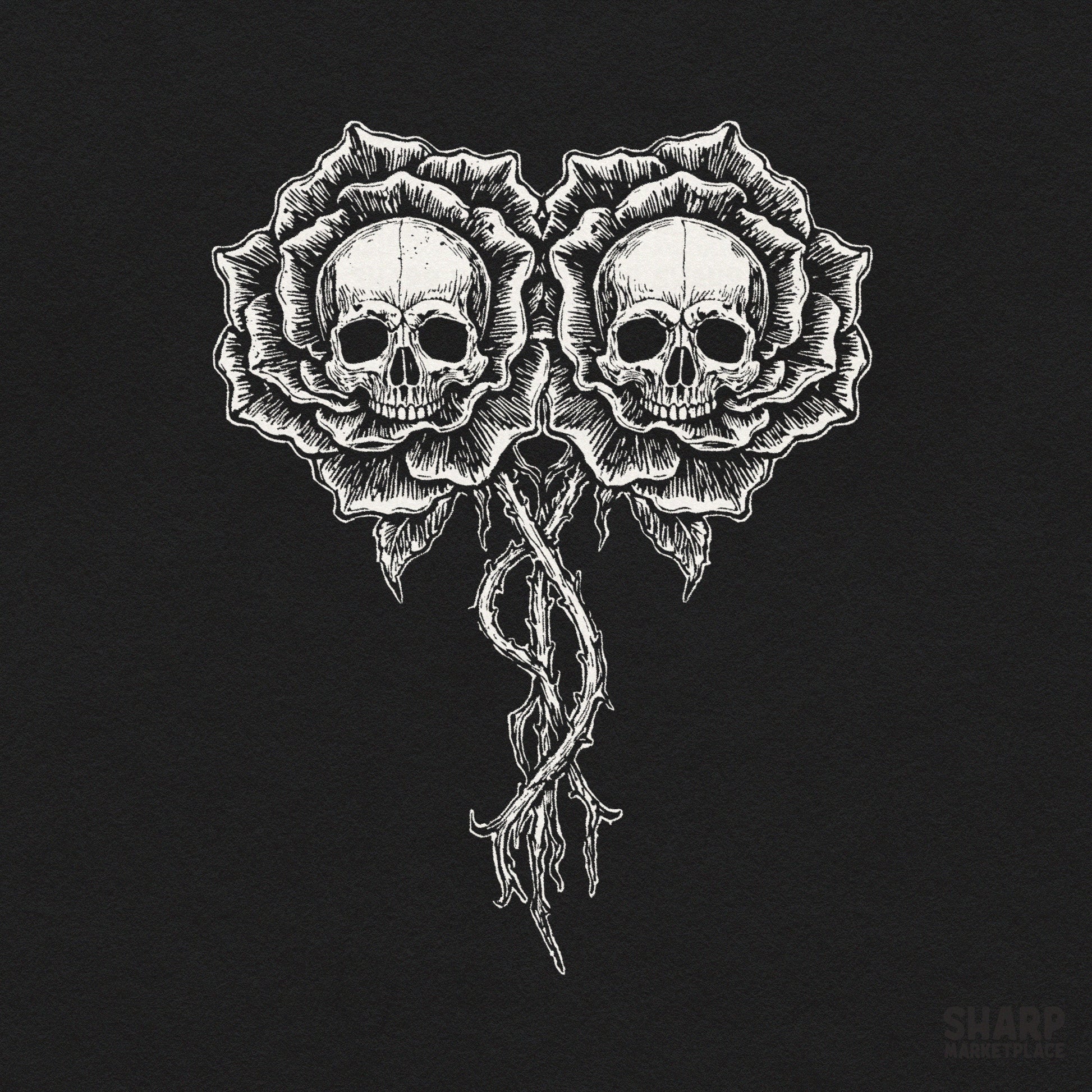 Gothic twin skulls with blooming rose flowers watercolor tattoo art for dtf shirt png digital download