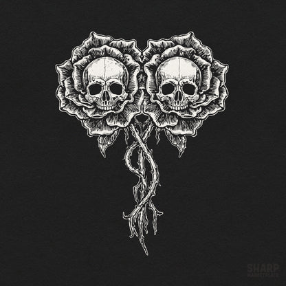 Gothic twin skulls with blooming rose flowers watercolor tattoo art for dtf shirt png digital download