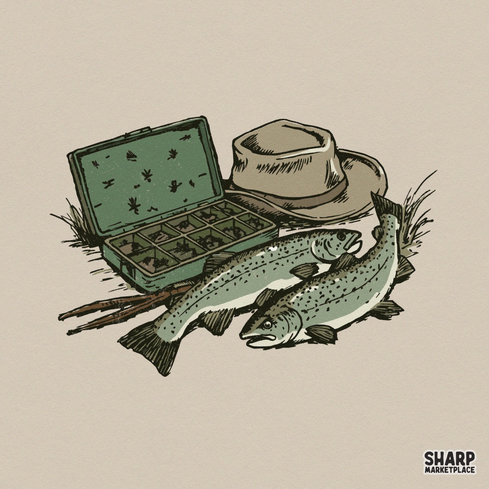 Vintage trout fishing illustration featuring two rainbow trout, a green fly tackle box, and a tan angler hat in a rustic, hand-drawn sketch style.