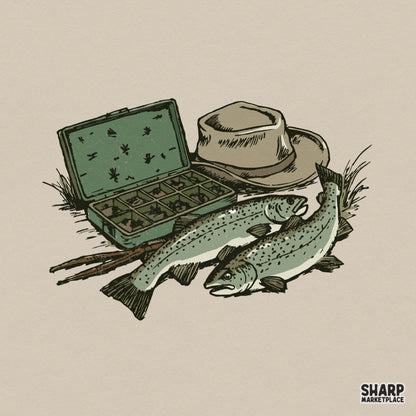 Vintage trout fishing illustration featuring two rainbow trout, a green fly tackle box, and a tan angler hat in a rustic, hand-drawn sketch style.