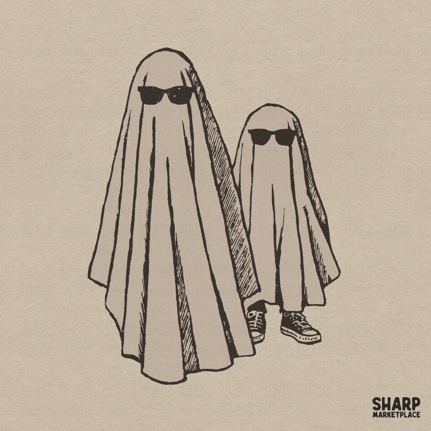 Cool specters wearing shades retro Halloween graphic for spooky season sublimation shirts and digital ghost art designs