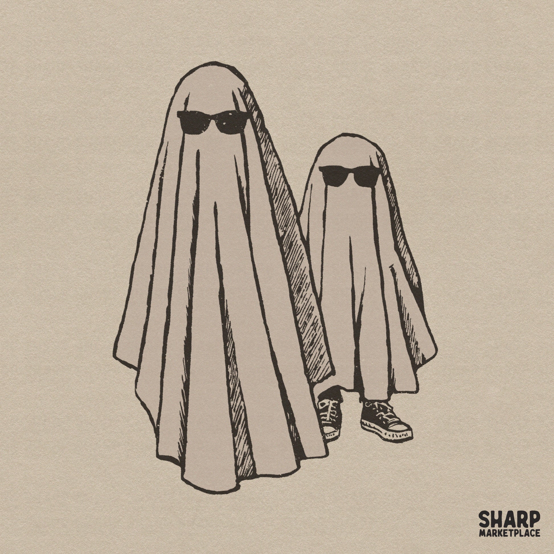 Cool specters wearing shades retro Halloween graphic for spooky season sublimation shirts and digital ghost art designs