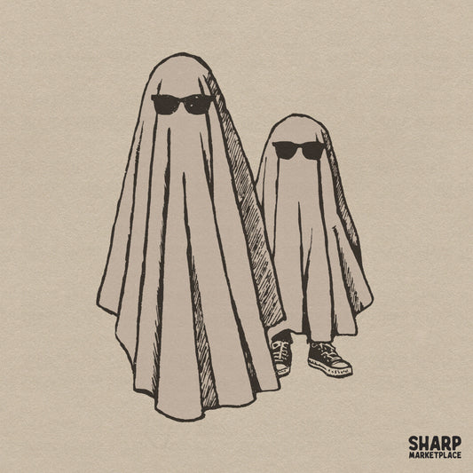 Cool specters wearing shades retro Halloween graphic for spooky season sublimation shirts and digital ghost art designs