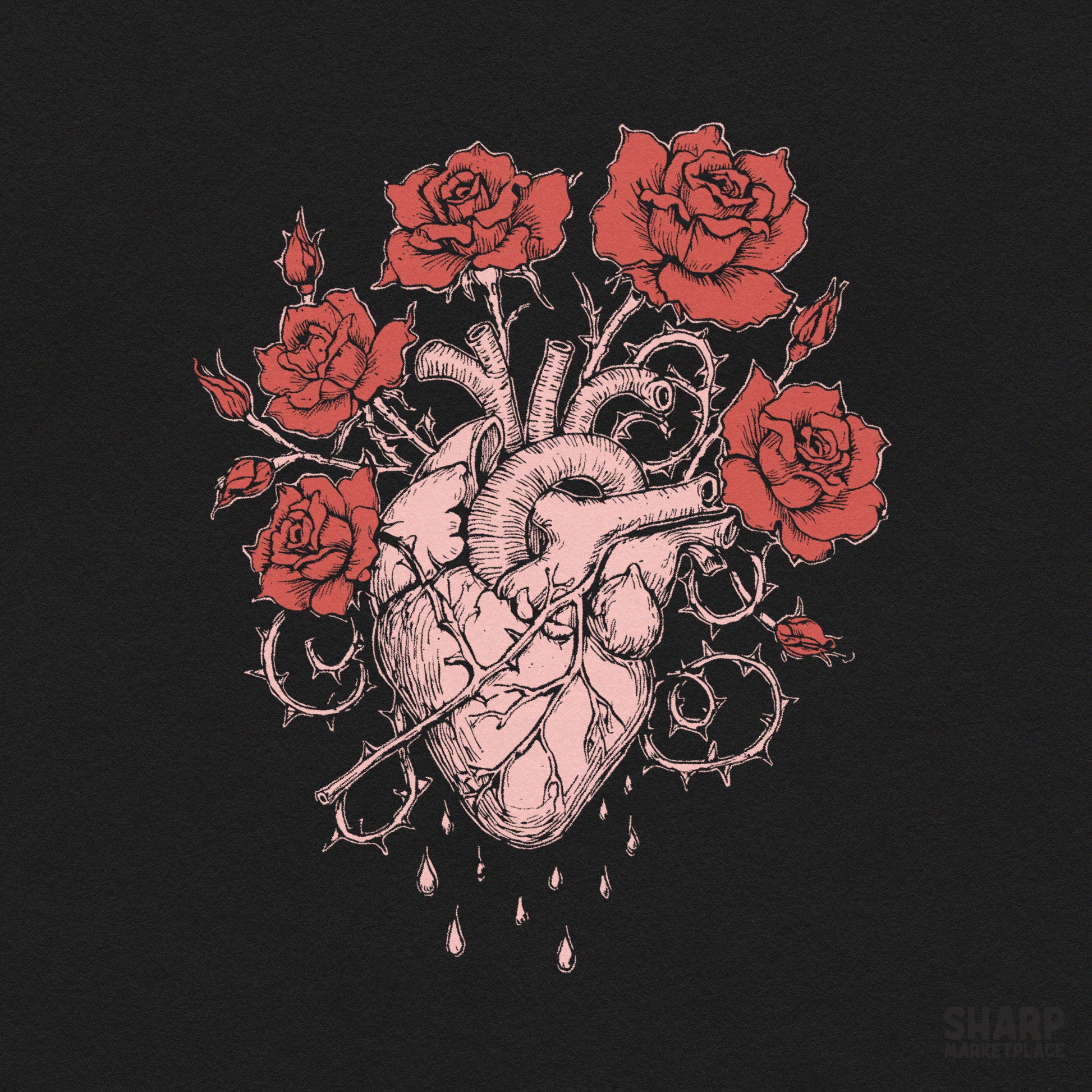 Anatomical bleeding heart with thorny roses in a gothic romance tattoo style Valentine png for t-shirt sublimation