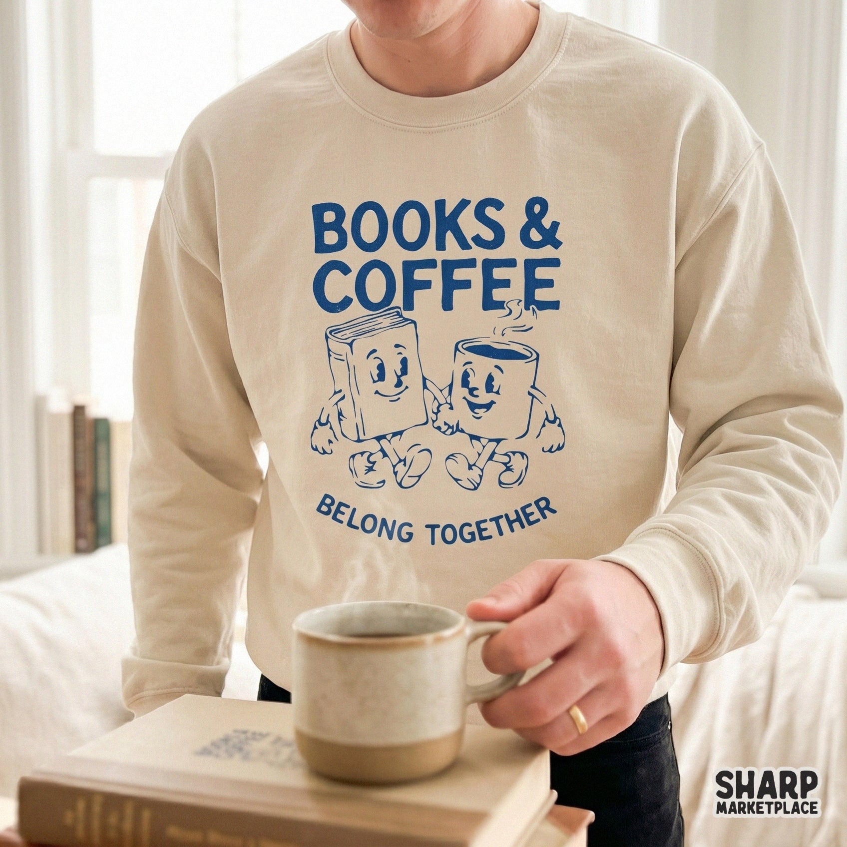 Digital download design featuring a cute book and coffee cup character illustration in a classic rubber hose style with bold blue typography.