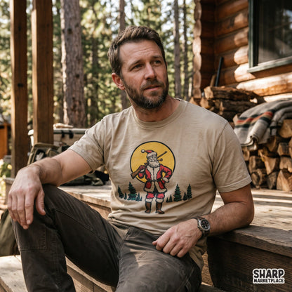 Vintage retro Santa Claus hunting with a rifle in a pine forest, perfect for Christmas t-shirt sublimation PNG designs