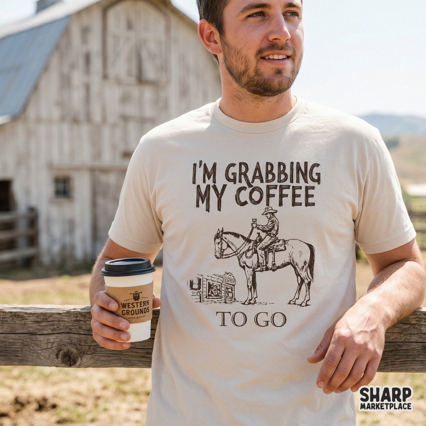 Monochromatic western sublimation design showing a rancher on a horse getting coffee, ideal for custom t-shirts, tumblers, and rustic-themed gifts.