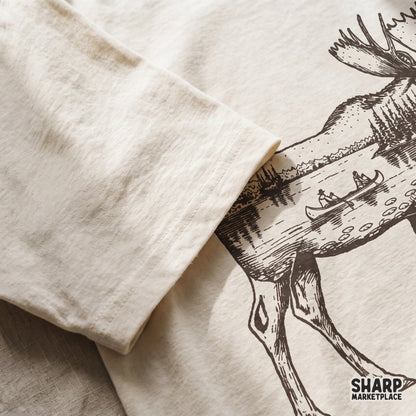 Vintage linocut moose double exposure nature sublimation design featuring a scenic canoe lake and pine trees