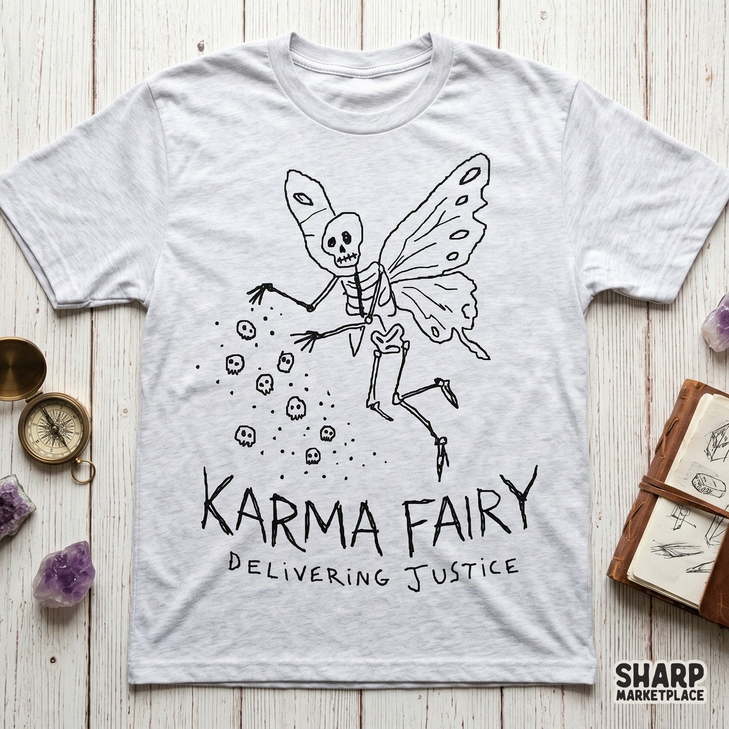 Monochromatic line art of a whimsical skeleton fairy with butterfly wings, designed for DIY apparel, tumblers, or unique wall art with a sarcastic vibe.