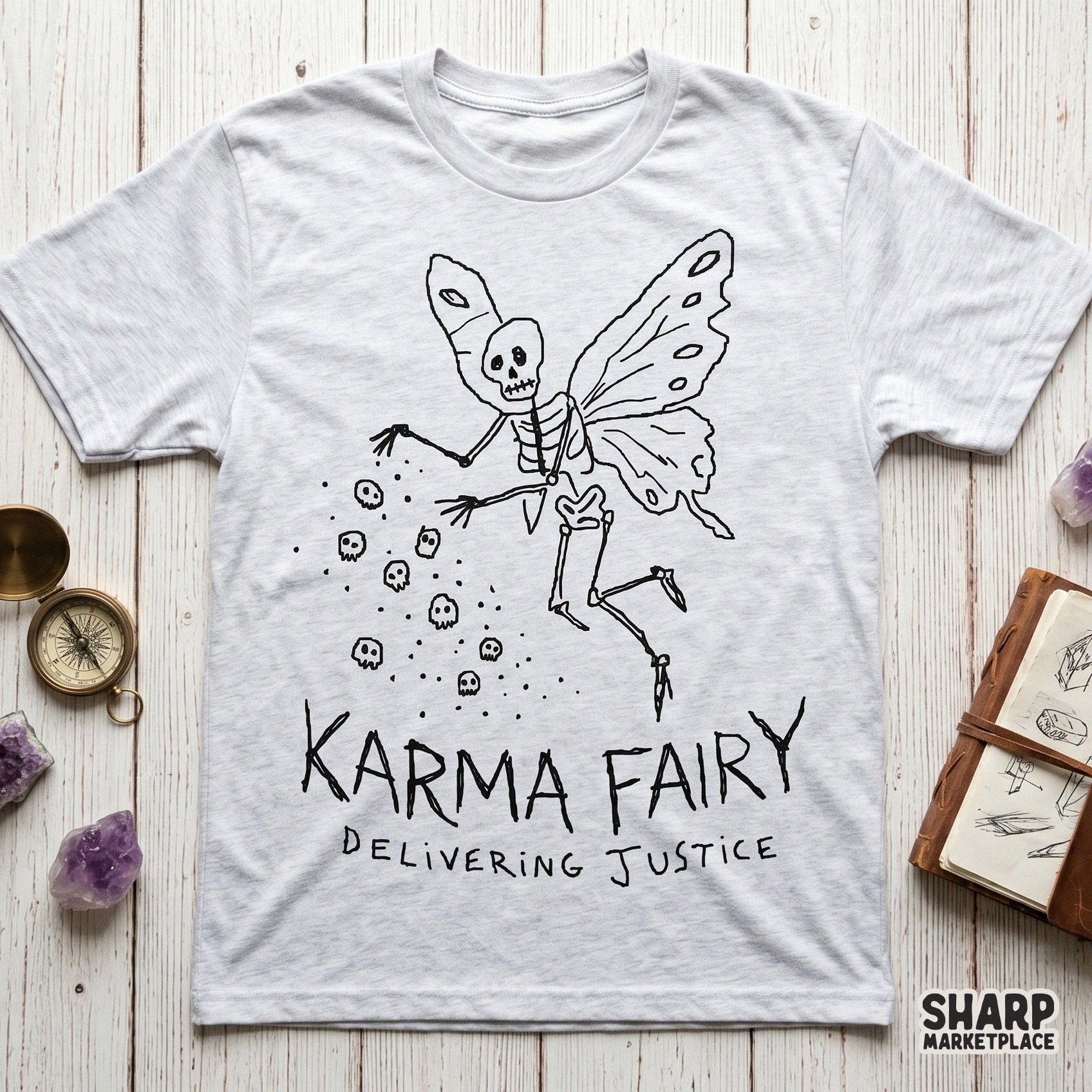Monochromatic line art of a whimsical skeleton fairy with butterfly wings, designed for DIY apparel, tumblers, or unique wall art with a sarcastic vibe.