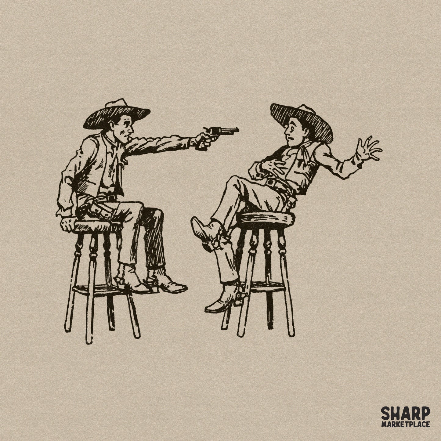 Detailed black line art of two cowboys in a saloon duel, one drawing a pistol while the other reacts on a barstool, vintage western style.