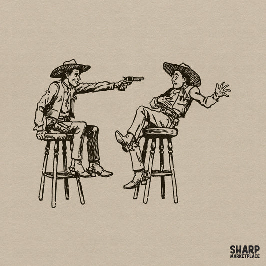 Detailed black line art of two cowboys in a saloon duel, one drawing a pistol while the other reacts on a barstool, vintage western style.
