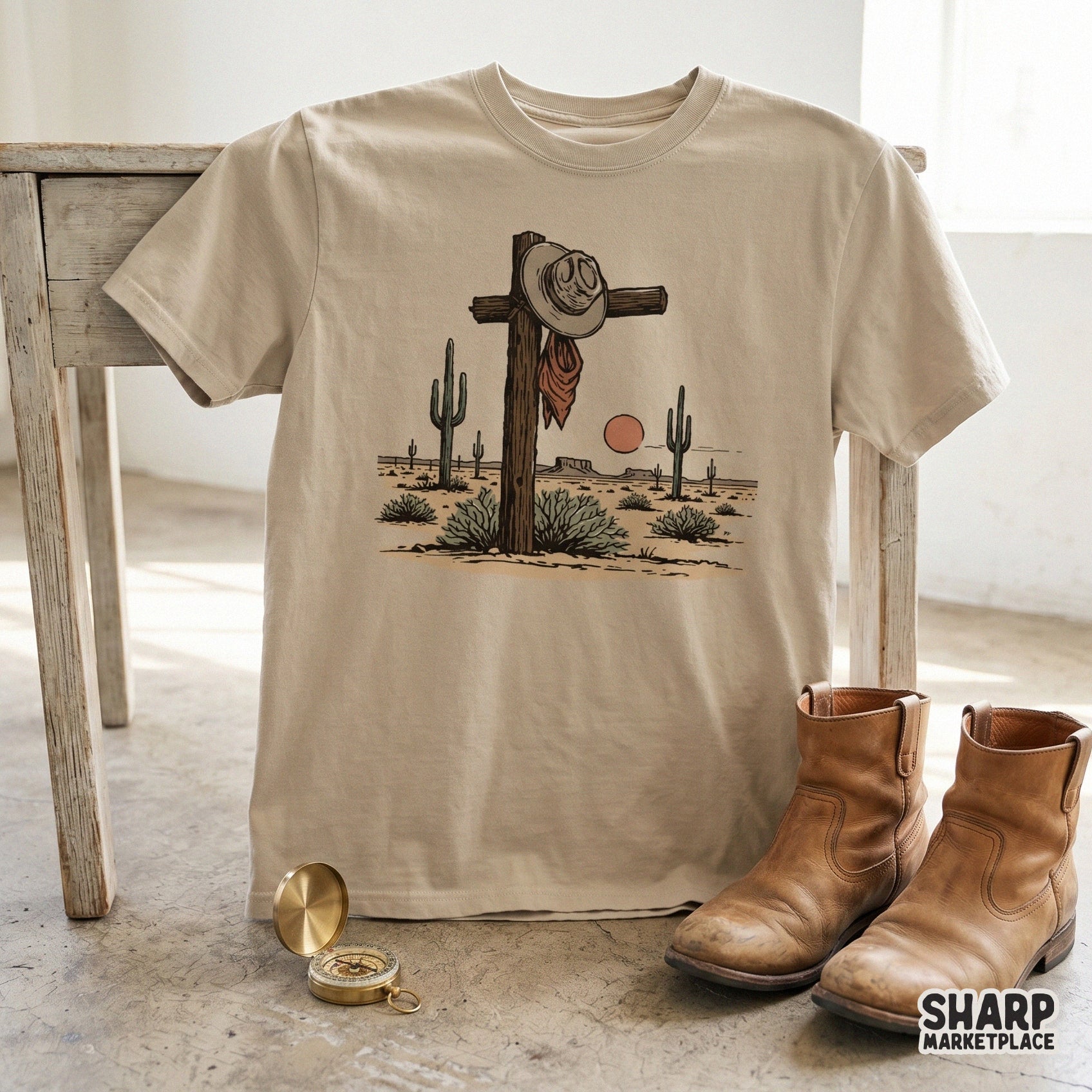 Hand-drawn desert memorial cross design with a cowboy hat and bandana, perfect for sublimation, custom t-shirts, and western-themed apparel.