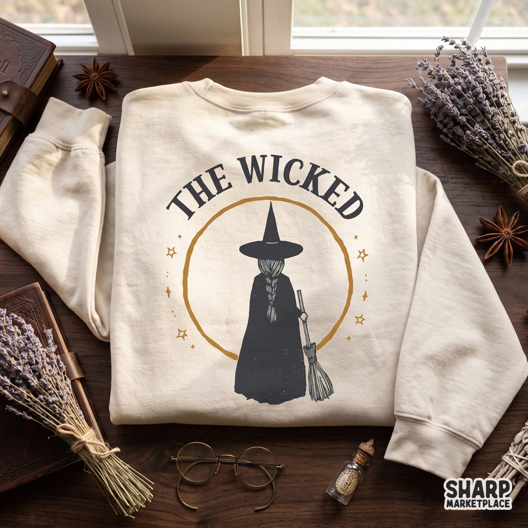 The Wicked Halloween witch on a broomstick with retro stars and hocus pocus spooky season dark aesthetic sublimation PNG design