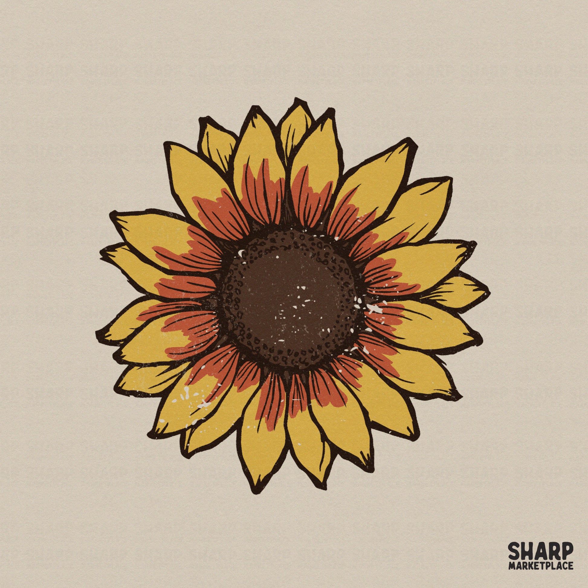 Hand-drawn sunflower illustration with rustic linocut style, featuring golden yellow and burnt orange petals for sublimation and apparel design.