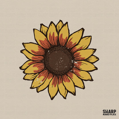Hand-drawn sunflower illustration with rustic linocut style, featuring golden yellow and burnt orange petals for sublimation and apparel design.