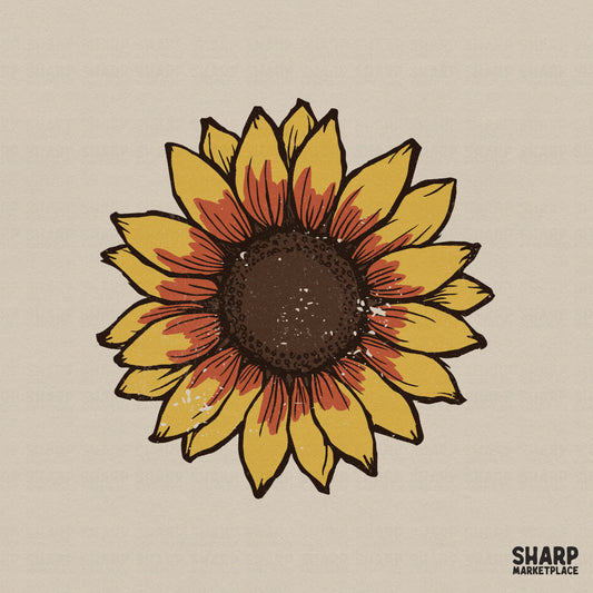 Hand-drawn sunflower illustration with rustic linocut style, featuring golden yellow and burnt orange petals for sublimation and apparel design.