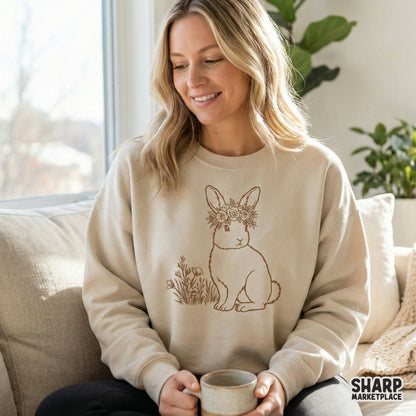 Whimsical woodland rabbit illustration with a rose flower crown, ideal for DIY spring-themed projects, heat transfers, and rustic wall art prints.