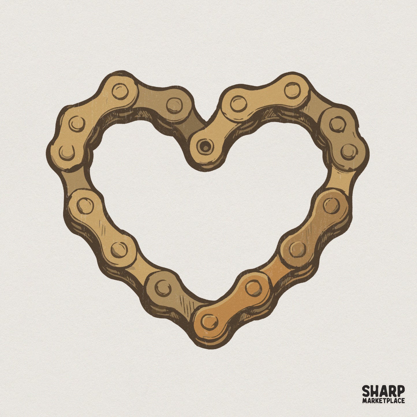 Hand-drawn golden-brown bicycle chain formed into a heart shape with vintage distressed linework for cycling-themed projects.