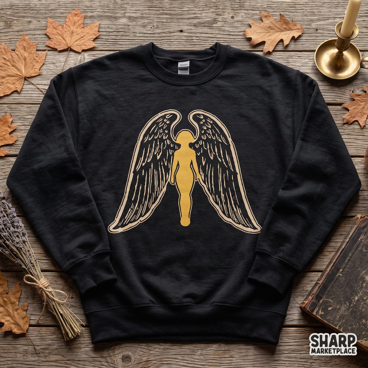 Golden guardian angel silhouette with majestic wings spiritual christian art PNG for shirt sublimation