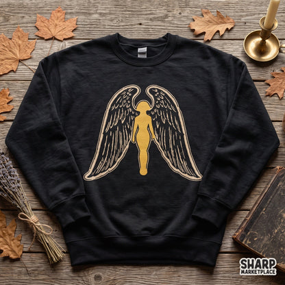 Golden guardian angel silhouette with majestic wings spiritual christian art PNG for shirt sublimation
