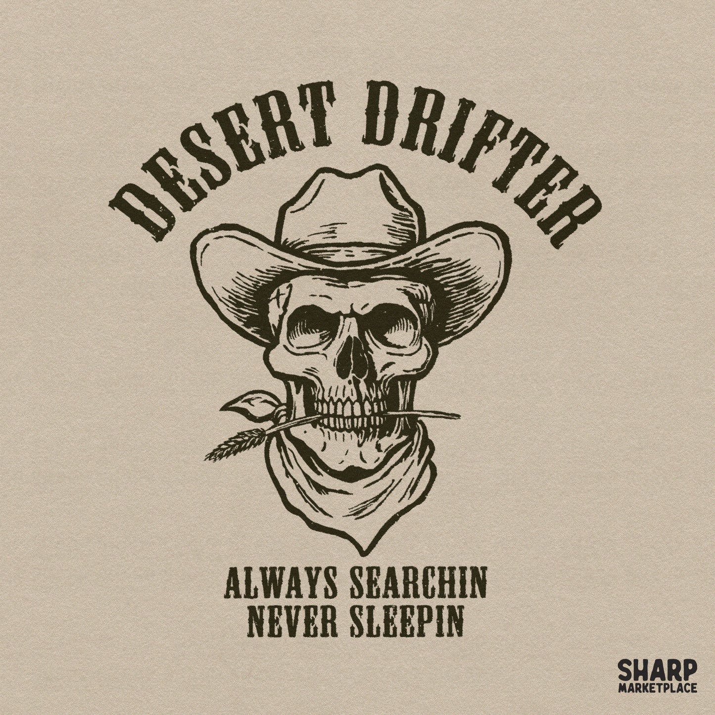 Western cowboy skull graphic with desert drifter theme for retro Halloween sublimation and country music shirts