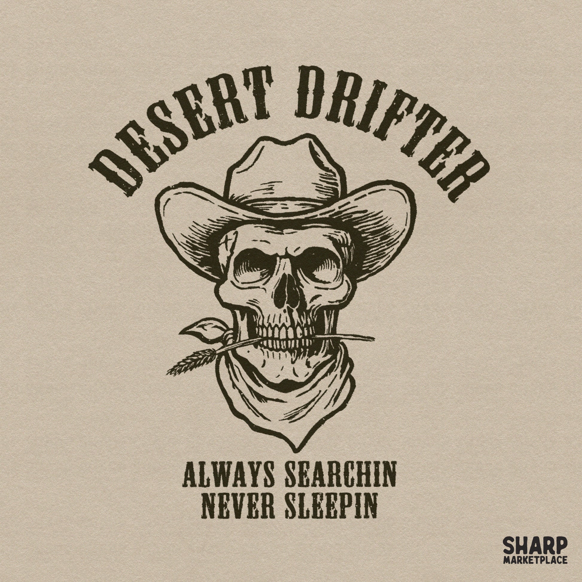 Western cowboy skull graphic with desert drifter theme for retro Halloween sublimation and country music shirts