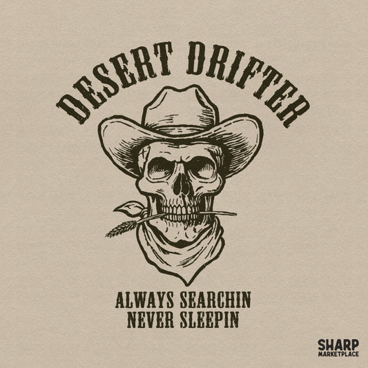 Western cowboy skull graphic with desert drifter theme for retro Halloween sublimation and country music shirts