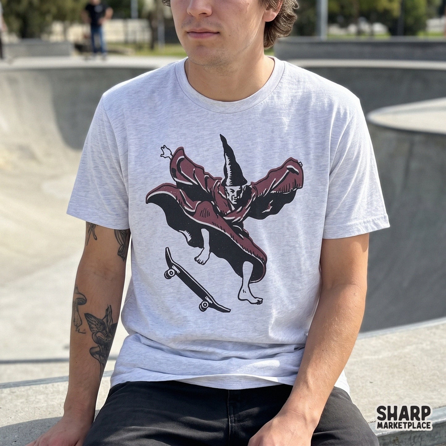 Retro funny skating wizard doing a kickflip on a skateboard for a sarcastic sublimation shirt design or weirdcore sticker
