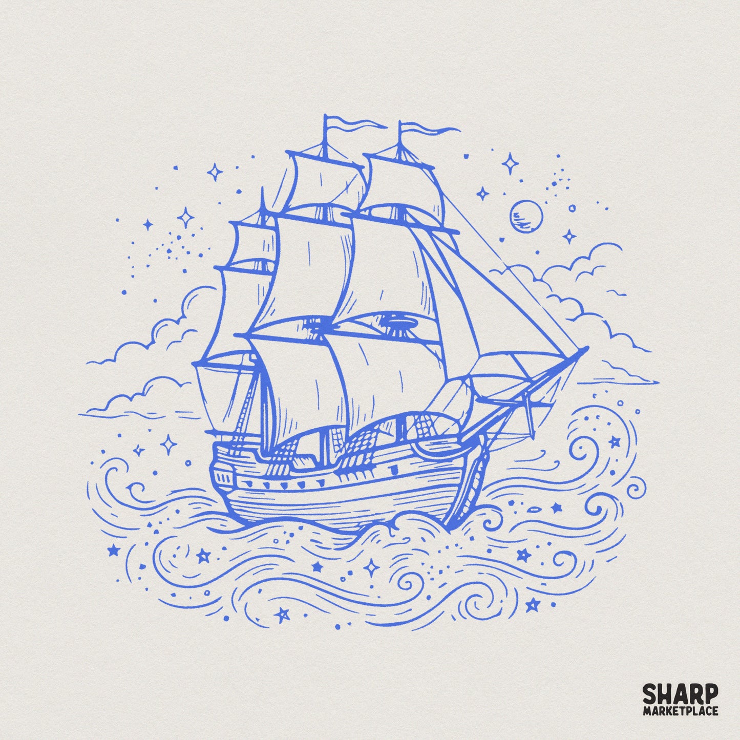 Vintage Sailing Ship PNG, Nautical Ocean Scene - 300 DPI Design for T-Shirt